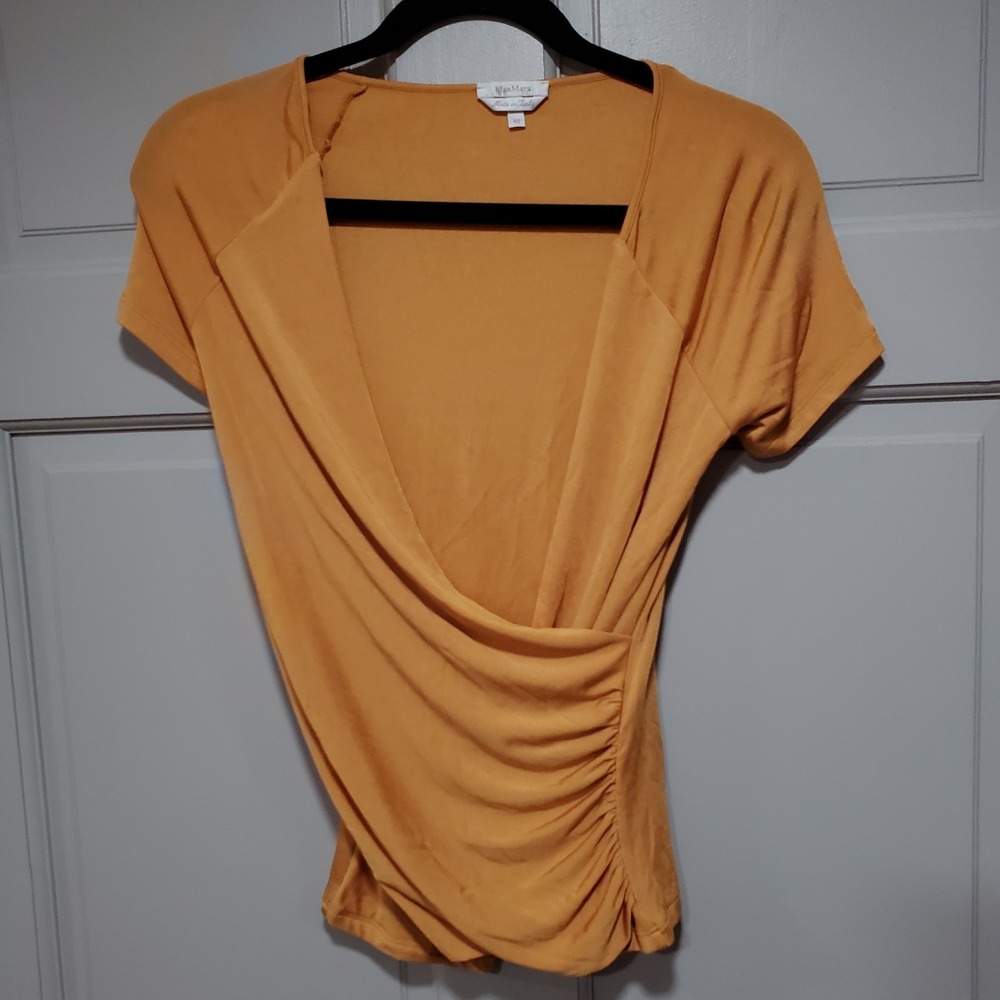 Max Mara Slinky Knit Top Wrap Top Ruched V-neck Mustard Yellow Womens Medium